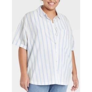 Ava & Viv 3X Oversized‎ Shirt No Gap Button-Up Top Striped Blouse Plus Size Blue
